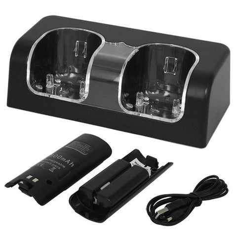 Skque USB Powered Dual Charging Station Dock Stand and 2 Batteries for Nintendo Wii, Black