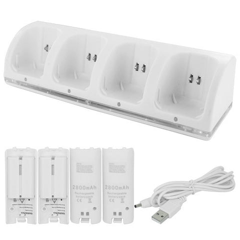 Skque USB Powered Charging Station Dock Stand and 4 Batteries for Nintendo Wii-in White